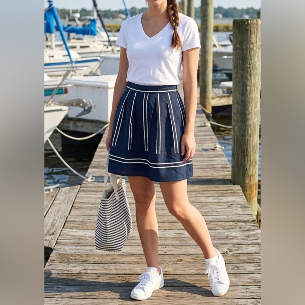 Molly Bracken navy white stripe circle skater skirt.  Lined. Mini. Medium